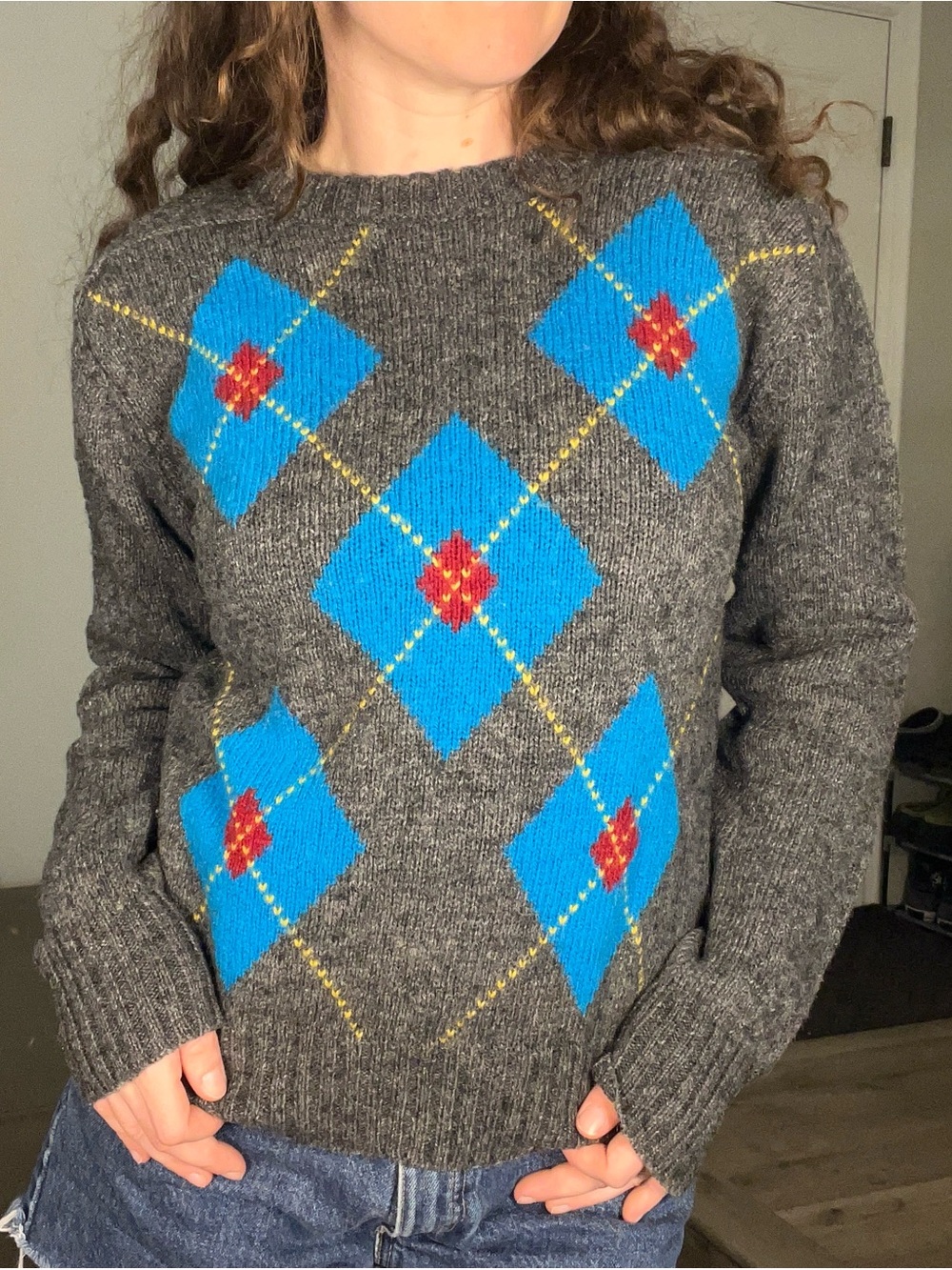 Macgregor Vintage Women's Gray Blue Argyle Knit Sweater Wool Blend Medium